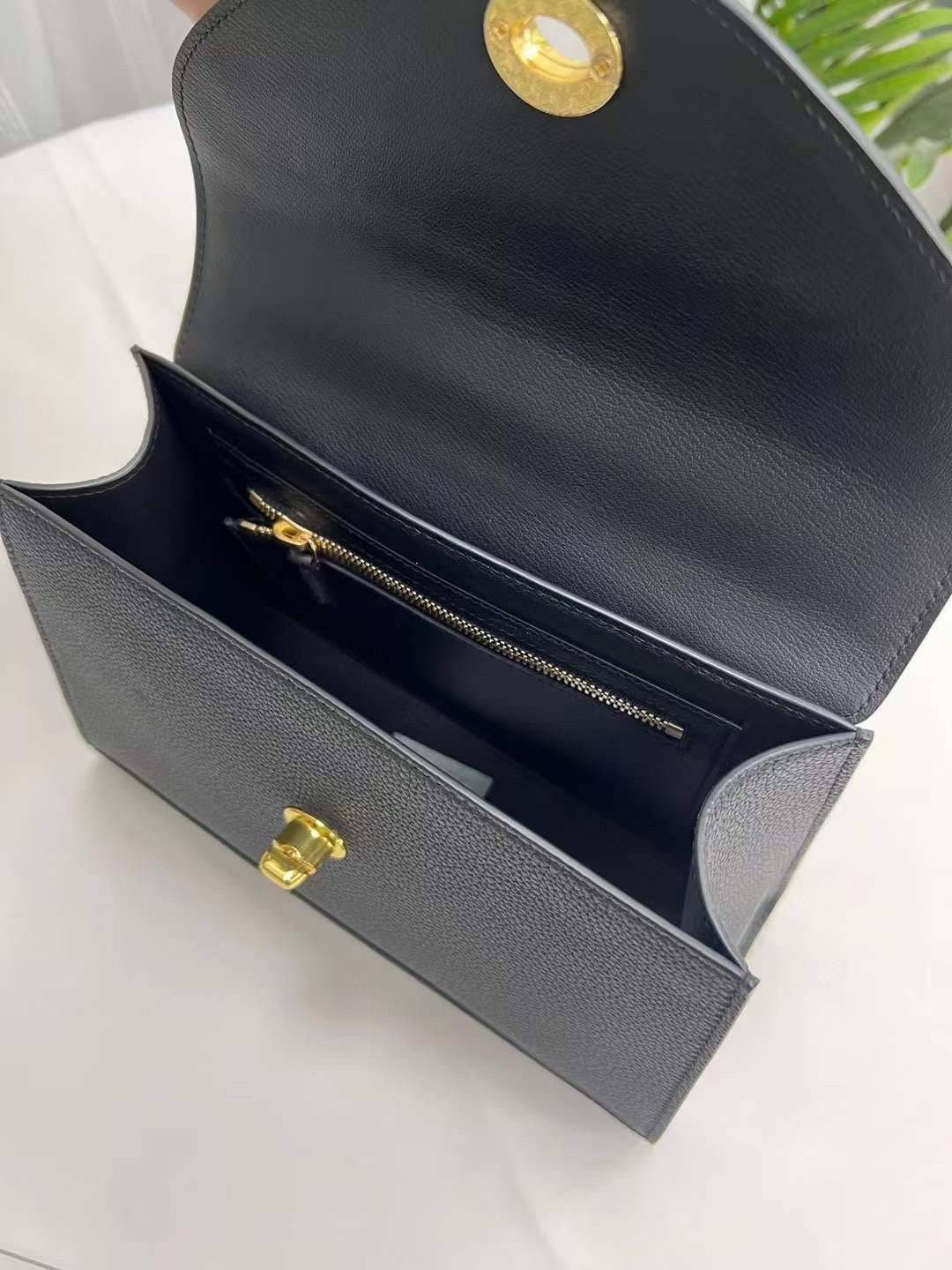 Womens Top Handle Bag Togo Leather / Shiny Black Crocodile Skin Leather Gold Hardware