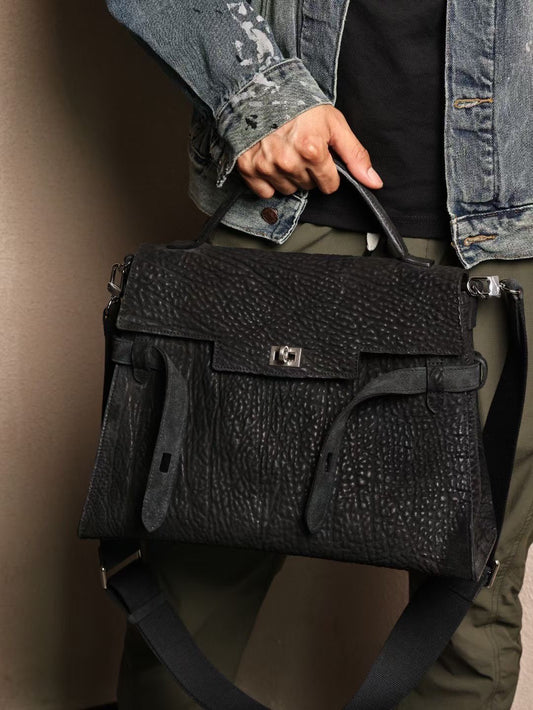 Genine Washed Cordovan Leather Top Handle Briefcase Bag