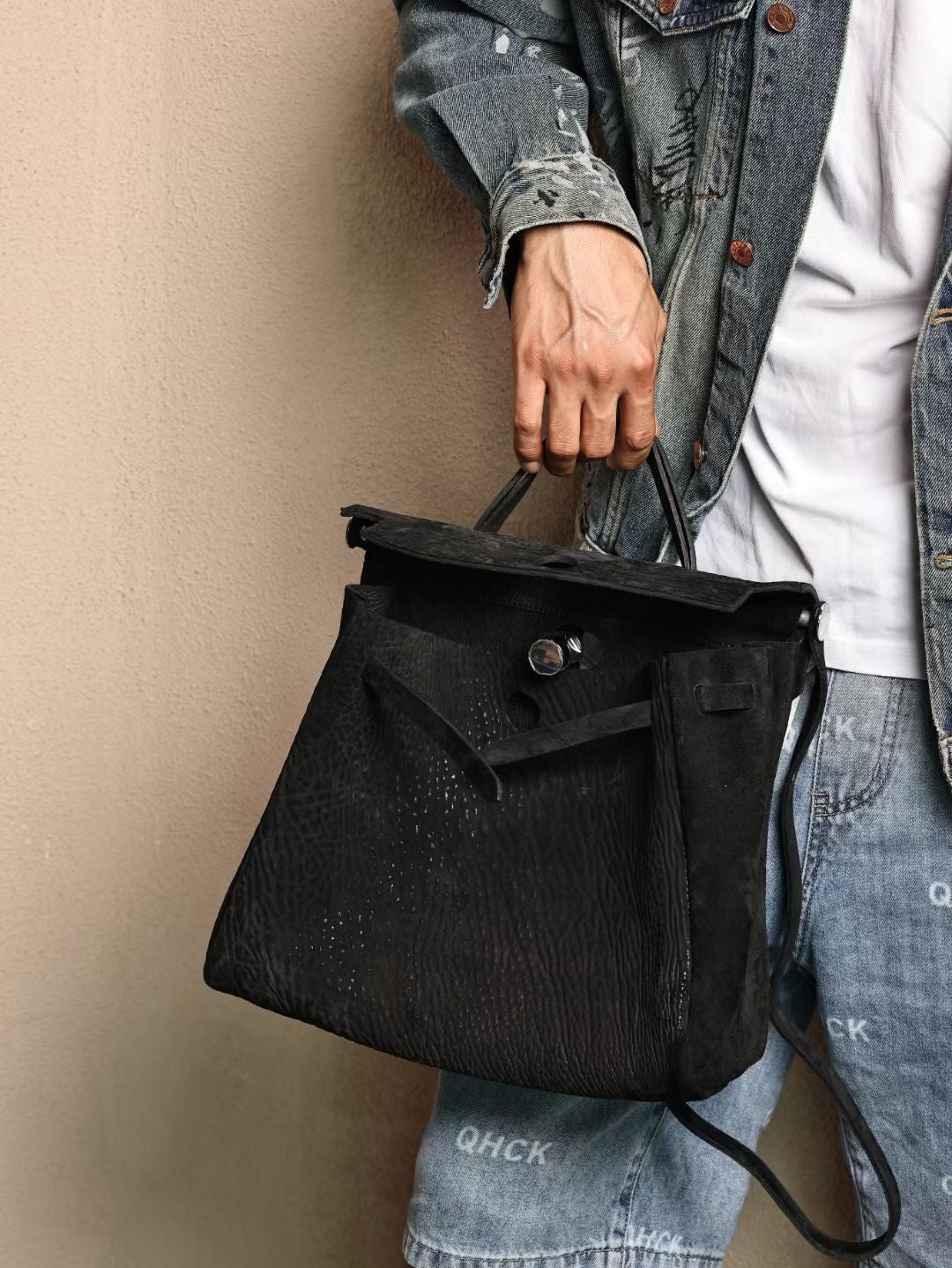 Genine Washed Cordovan Leather Briefcase Bag Black