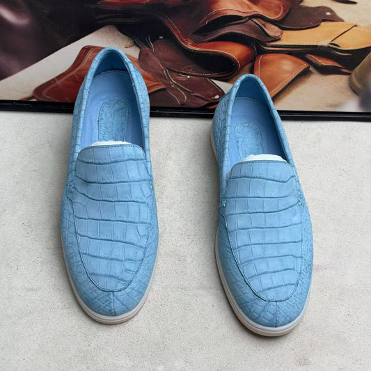 Nubuck Crocodile Shoes,Men's Crocodile Leather Loafers Slip-On Dress Shoes Pale Blue