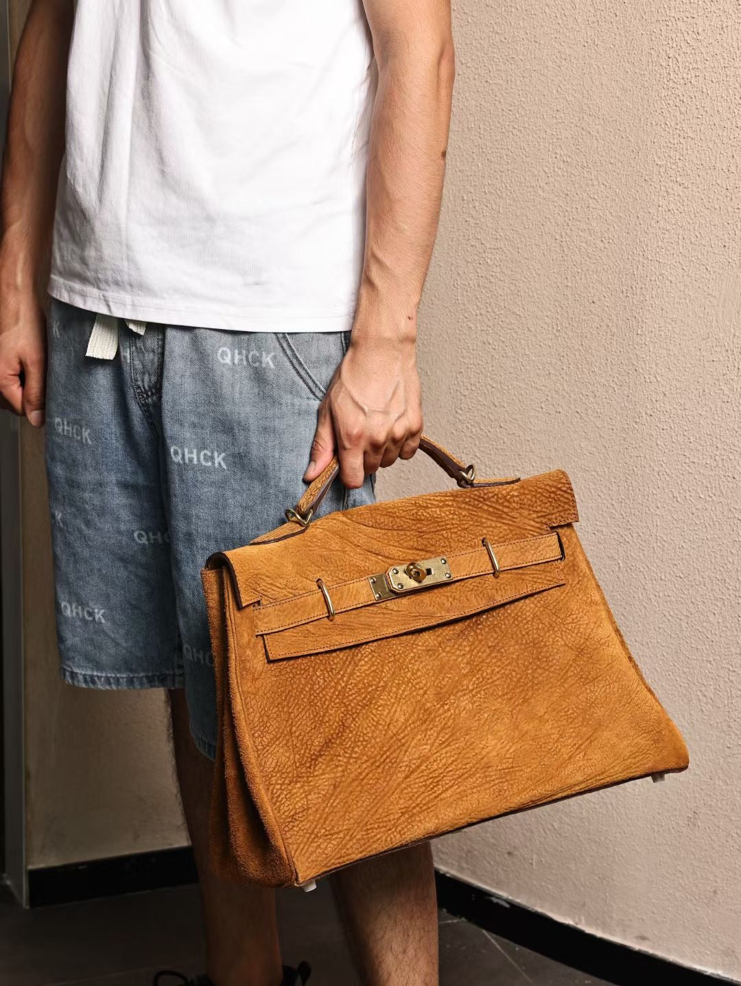 Genine Washed Vitnage Cordovan Leather Top Handle Satchel Bag Gold