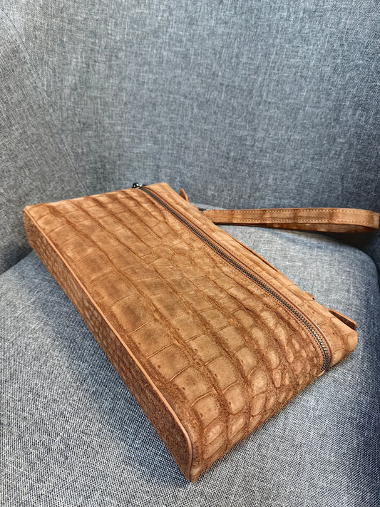 Unisex Nubuck Genuine Crocodile Skin Leather Zipper Handle Clutch Bag