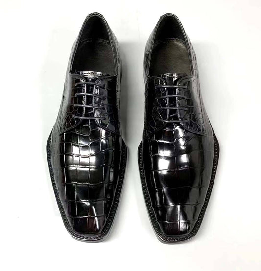 Crocodile Shoes Men's Crocodile Leather Lace-up Dress Shoes Square Toe Black Business Mens Shoes Free Shipping Size38-44