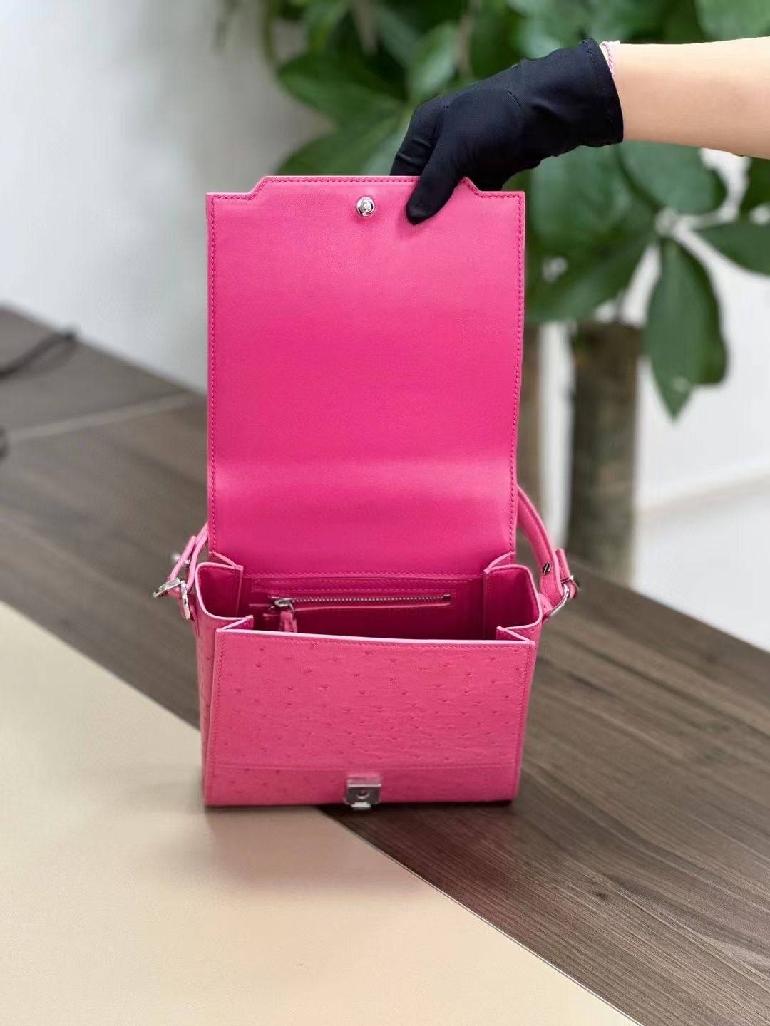 Ostrich Leather Top Handle Cross Body Bag Pink