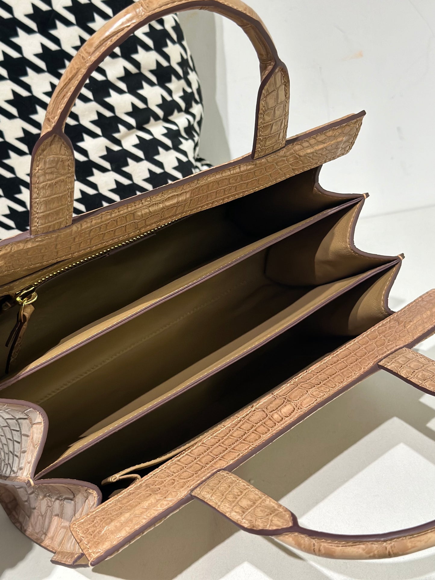 Crocodile Leather Top Handle Bag Beige