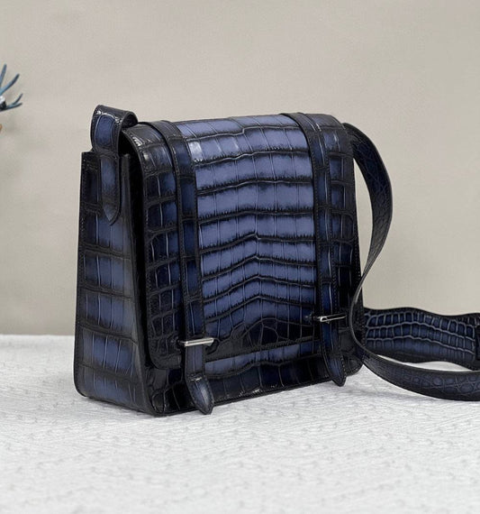 Men's Vintage Gray Crocodile Leather Messenger Postman Cross Body Bag