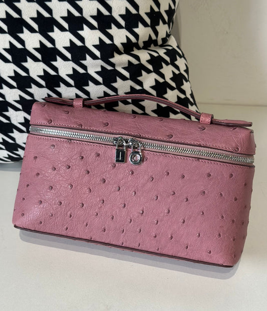 Genuine Ostrich Skin Leather Zipper Cosmetic Handle Bag