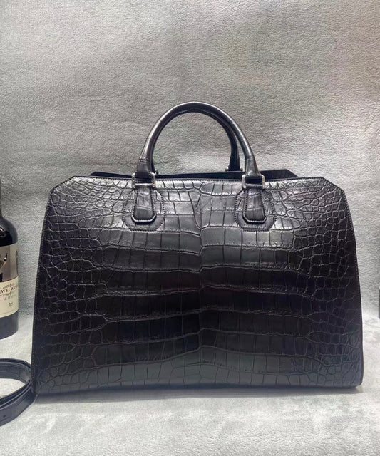 Crocodile Skin Leather Travel Duffle Bag Matt Black