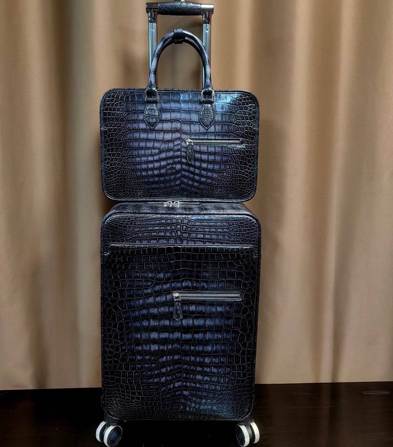 Retro Vintage Crocodile Leather Trolley/Roll Aboard Suitcase Weekend/Travel Bag Trolley Case Universal Wheels 20-Inch With Briefcase Sets