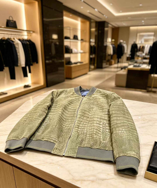 Men's Nubuck Oliver Green Crocodile Skin Leather Jacket
