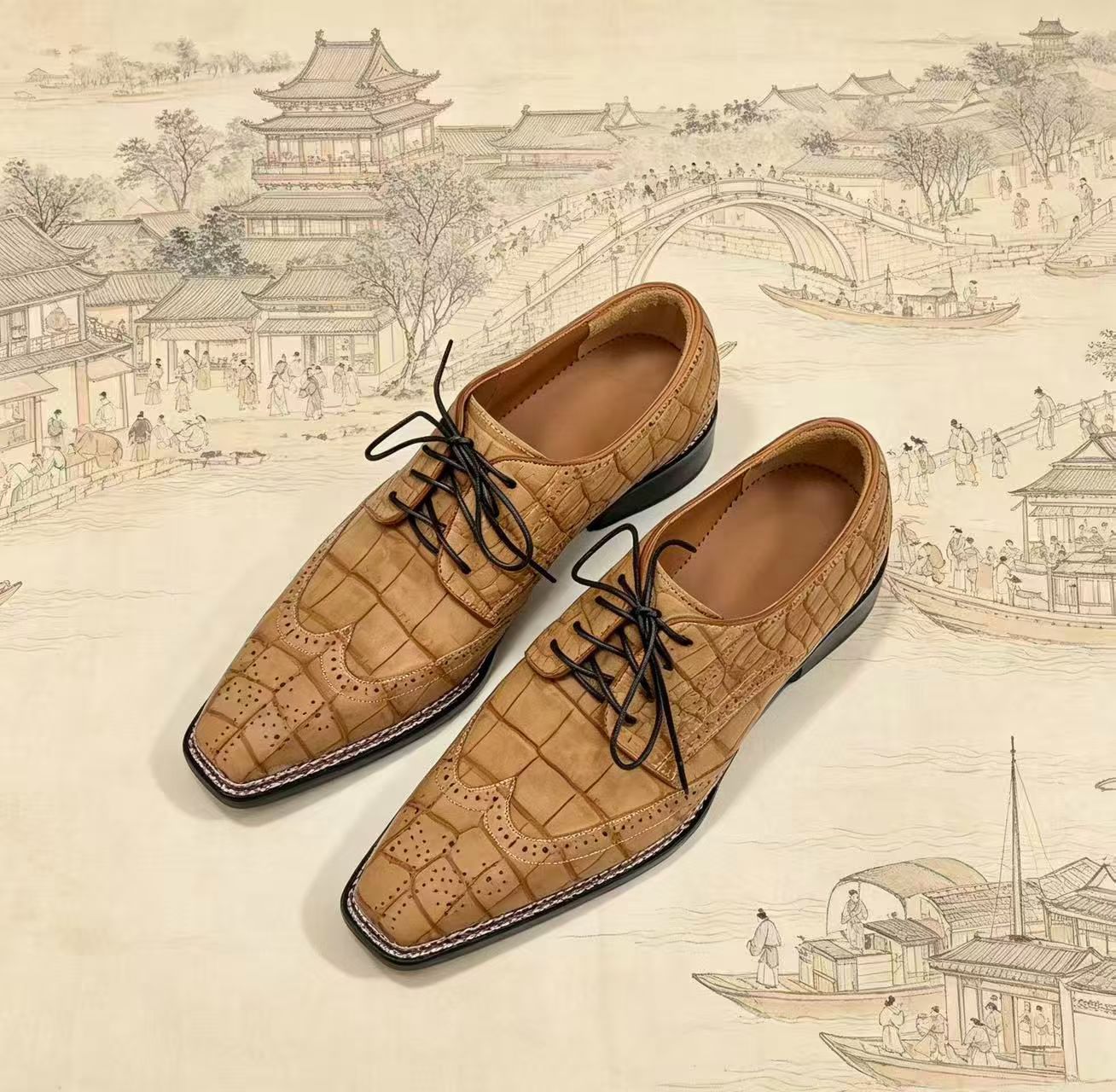 Crocodile Shoes, Men's Nubuckn Crocodile Leather Business Lace Up Shoes