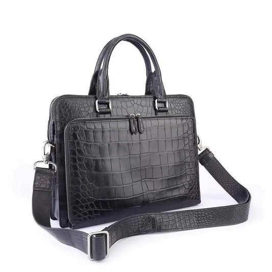 Men's Crocodile Leather Briefcase with Front Zip Pocket Black