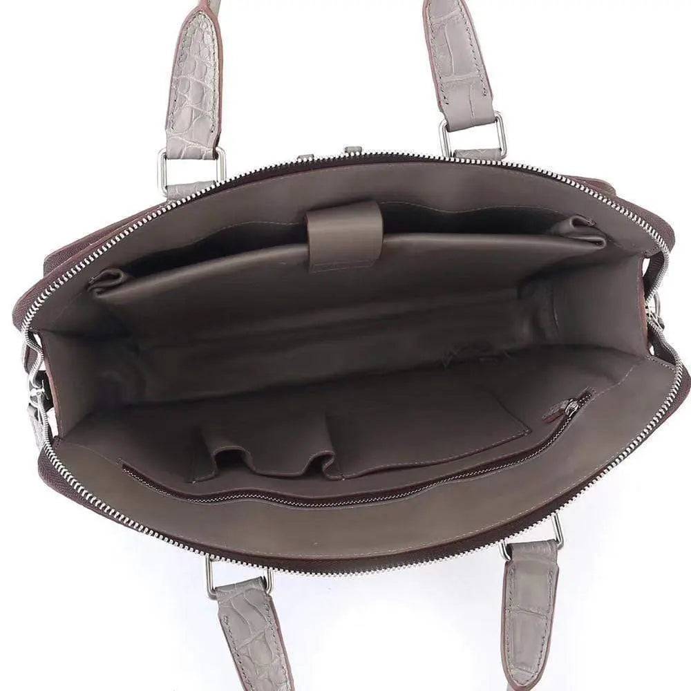 Men's Crocodile Leather Briefcase with Front Zip Pocket Grey