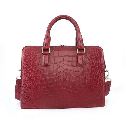 Men's Crocodile Leather Briefcase with Front Zip Pocket Red