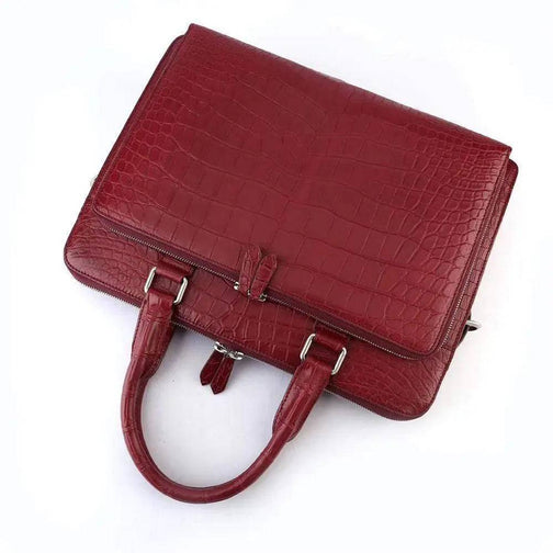 Men's Crocodile Leather Briefcase with Front Zip Pocket Red