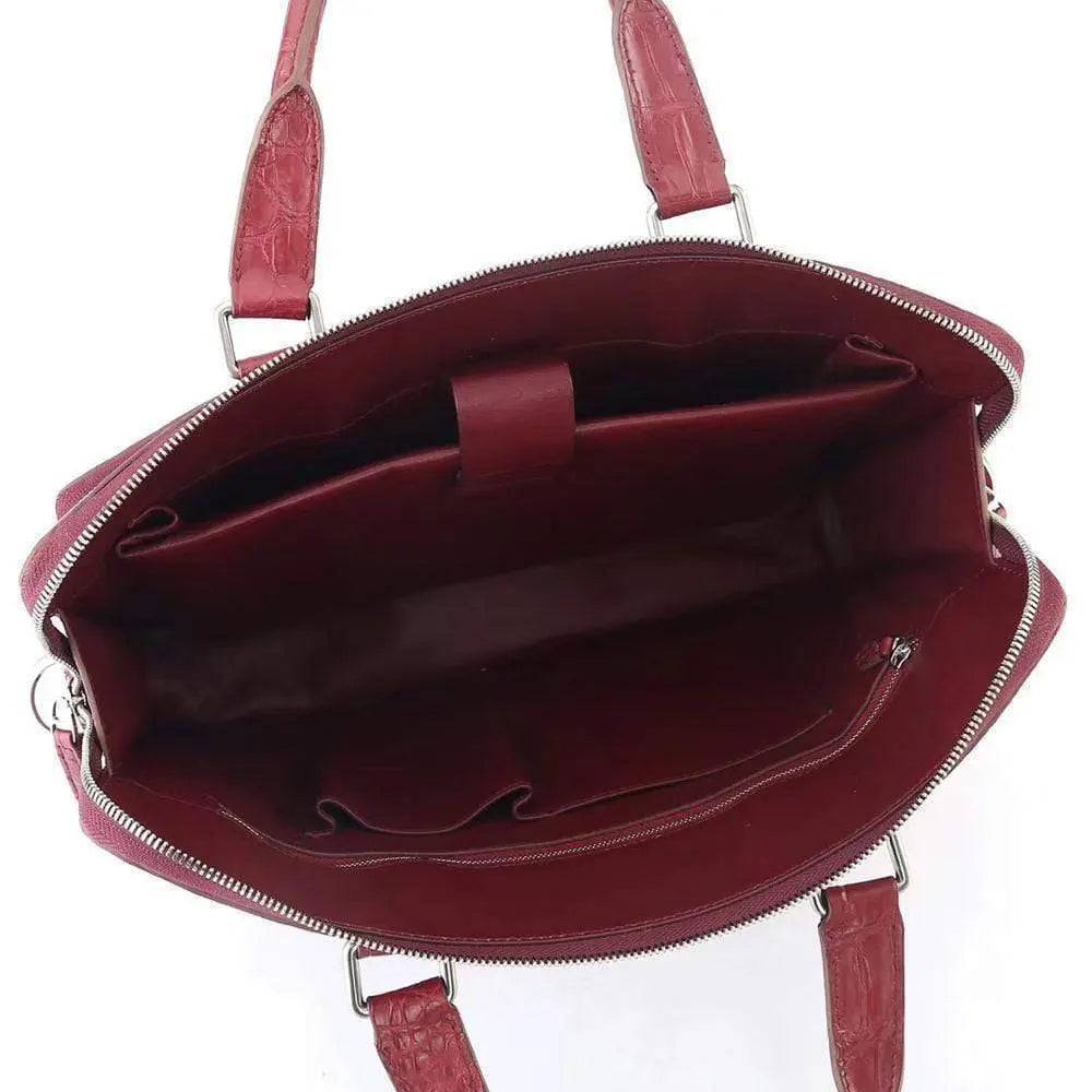Men's Crocodile Leather Briefcase with Front Zip Pocket Red