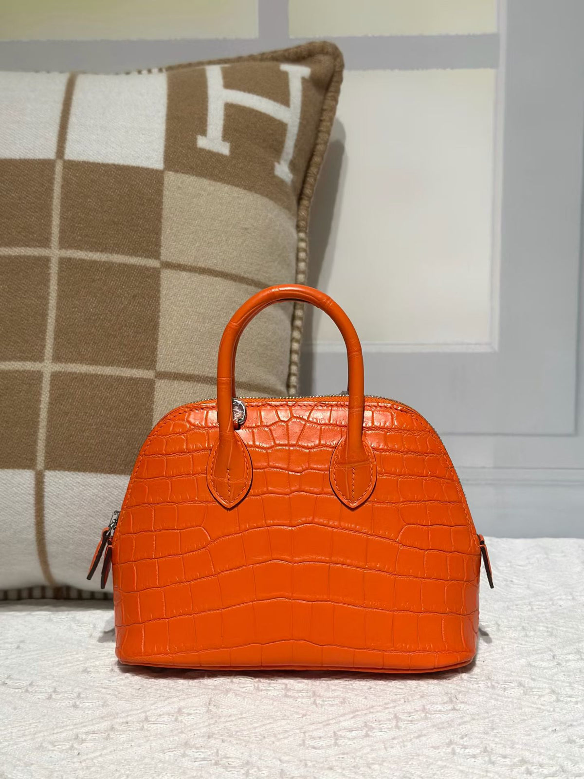 Genuine Crocodile Leather Mini Bowling Top Handle Bag Orange