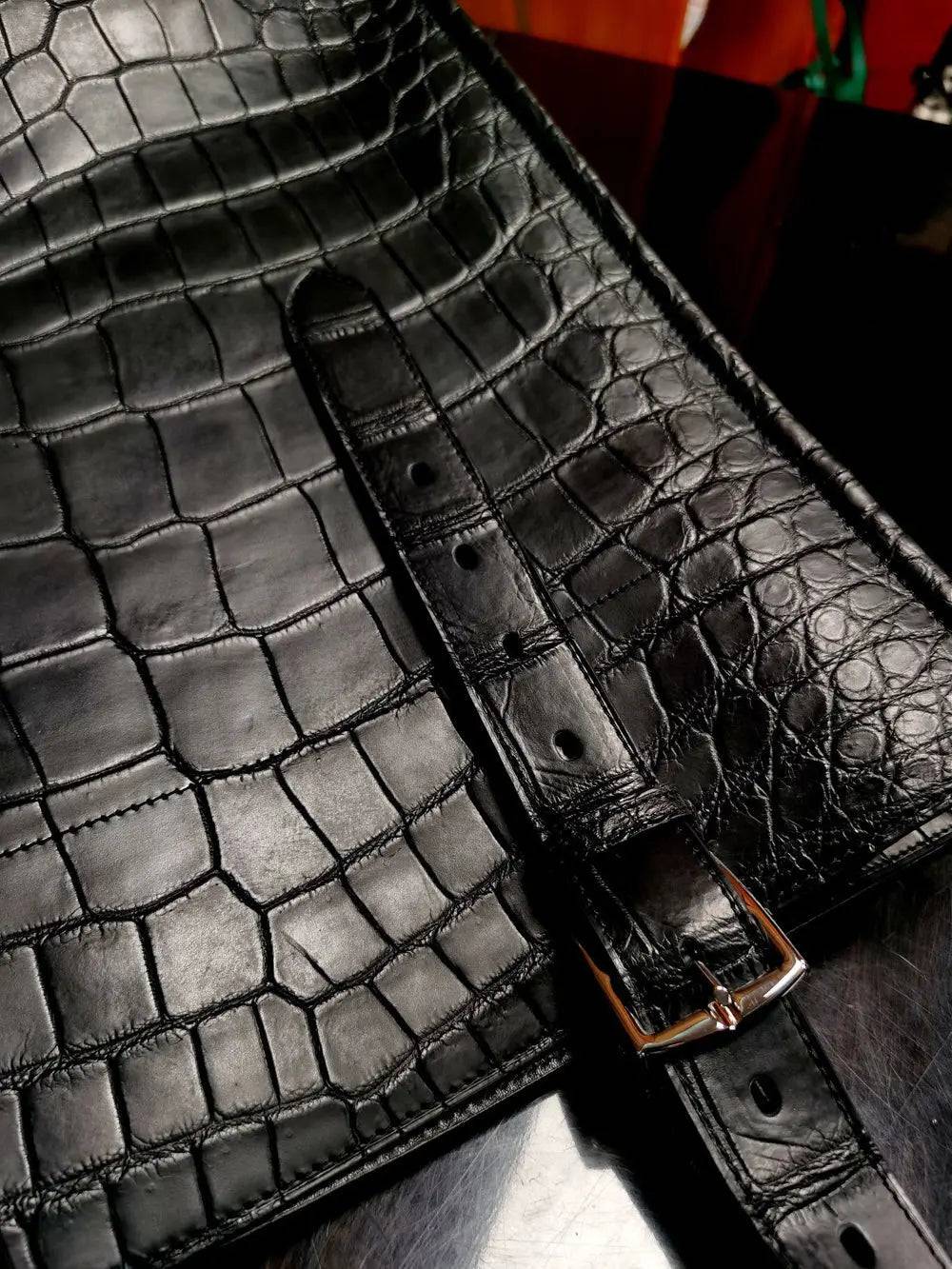 Preorder Unisex Black Crocodile Leather Large Shopper Tote Bag