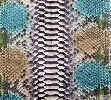 Exotic Python Skin Leather Colorway for apparel and accessories, showcasing the textured reptile skin in vibrant tones.