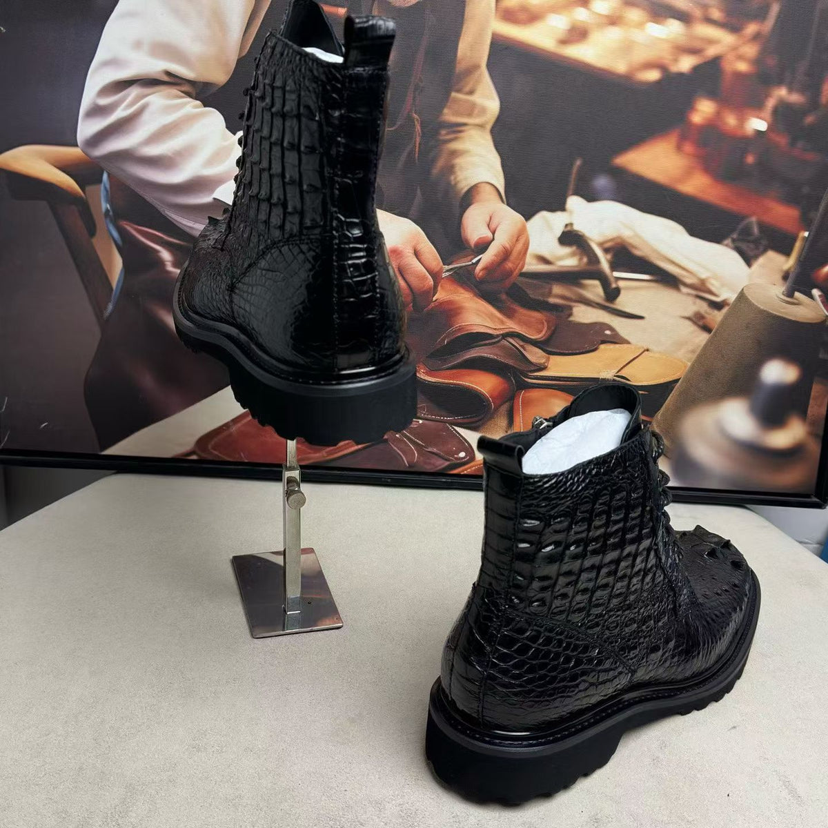 ON SALE ! Crocodile Shoes ,Crocodile Leather Classic Unisex 8-Eye Boots Black