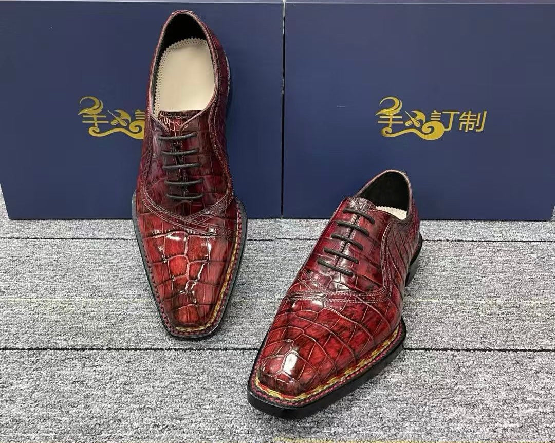 Crocodile Shoes, Men's Vintage Wine Red Norwegian Lace-Up Business Shoes