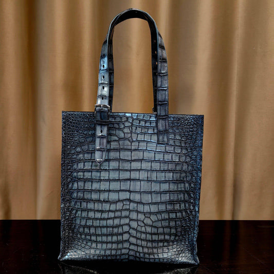 Unisex Vintage Grey Crocodile Leather Large Shopper Tote Bag