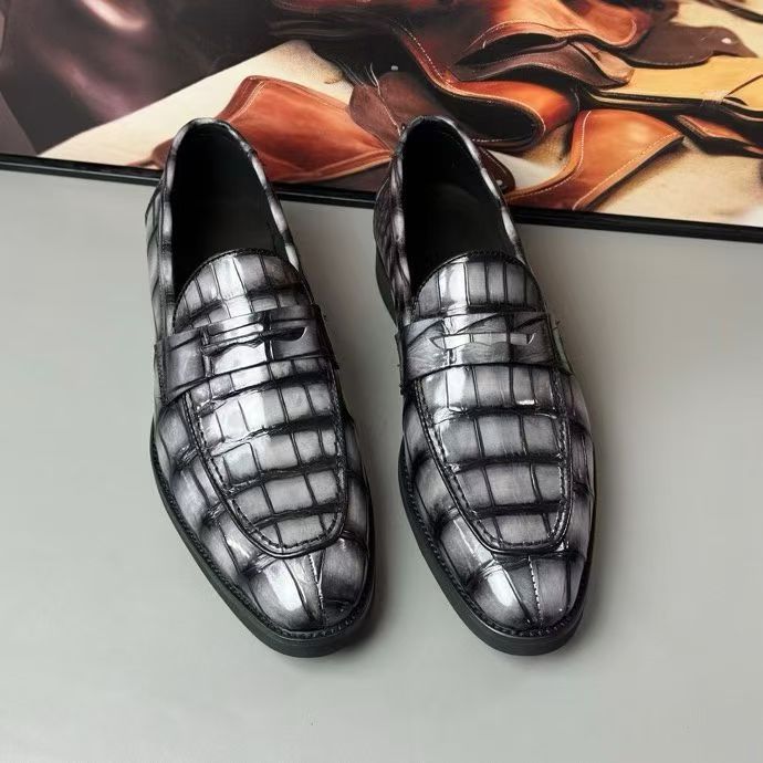 Crocodile Leather Loafer Shoes Vintage Grey