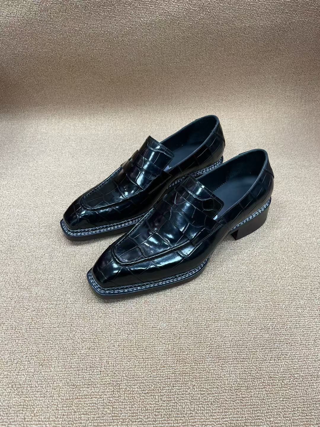 Crocodile Shoes Black Crocodile Leather Norwegian Sewn Dress Loafer Shoes