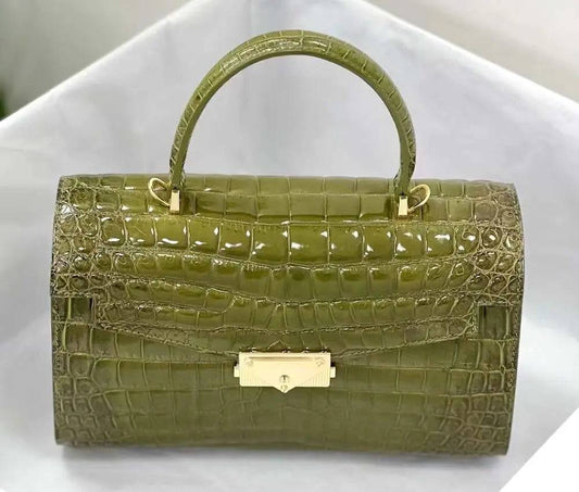 Women Shiny Himalaya Olive Green Beaded Crocodile Leather Top Handle Satchel Bag