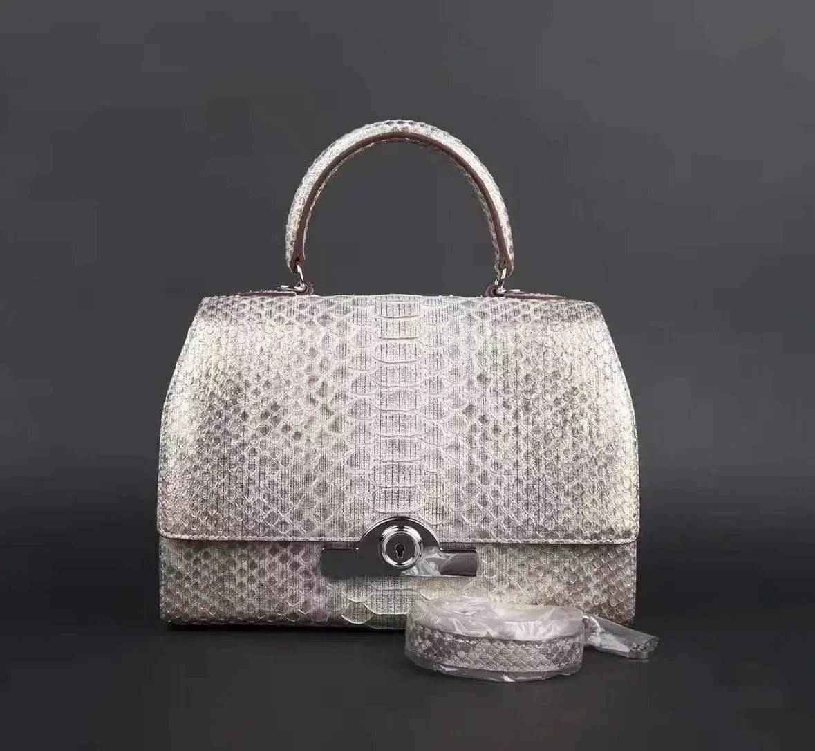 Womens Python Leather Top Handle Satchel Bag