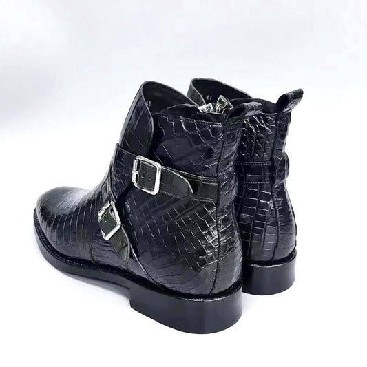 Crocodile Shoes Men's Crocodile Leather Double Criss- Cross Buckle Side Zip Boots
