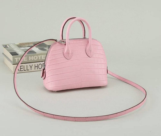 Womens Genuine Crocodile Leather Small Shell Promennade Trapezoid Cross Body Bag Pink