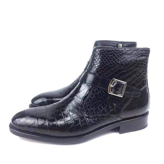 Crocodile Shoes Crocodile Belly Leather Man Round Toe Buckle Strap Office Ankle Boots Men's Cowboy