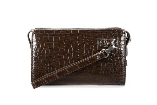 Crocodile Center Belly Leather Business Code Lock Clutch With Wrist Strap