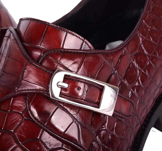 Crocodile Shoes Crocodile Leather Man Handmade Mens Dress shoes, Mens Monk Shoes, Mens Formal Shoes,Brushed Red