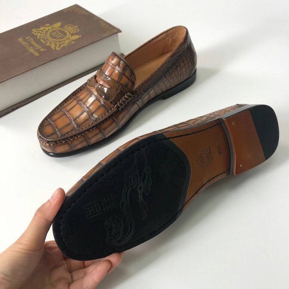 Crocodile Leather Shoes Mens Slip-On Driving Loafer Shoes Vintage Colors