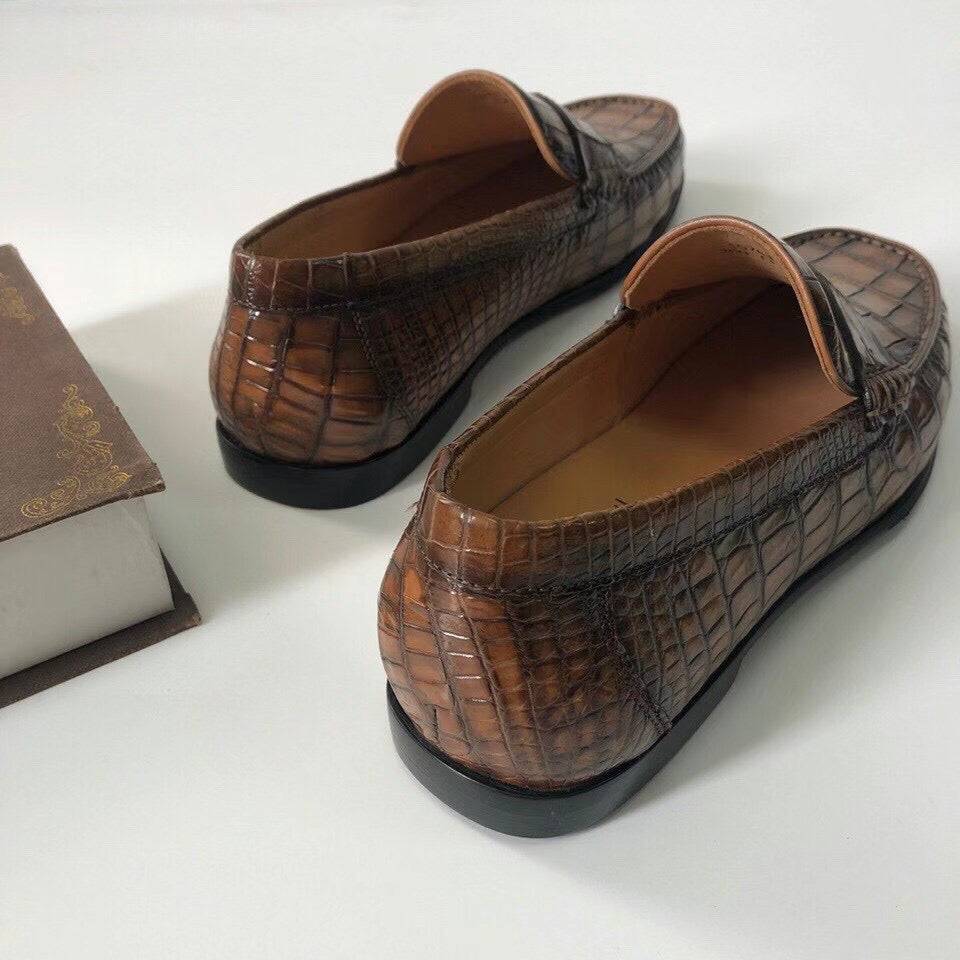 Crocodile Shoes Crocodile Leather Shoes Mens Slip-On Driving Loafer Shoes Vintage Brown