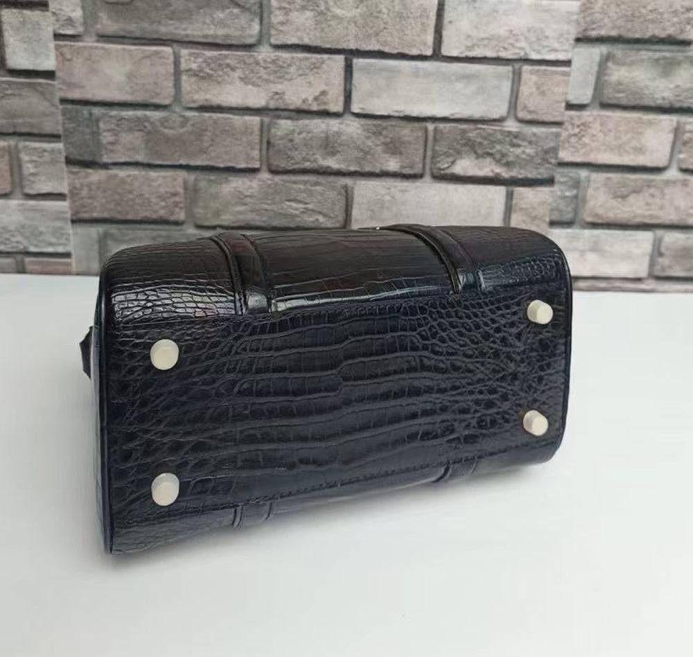 Crocodile Leather Top Handle Boston Cross Body handbag Black