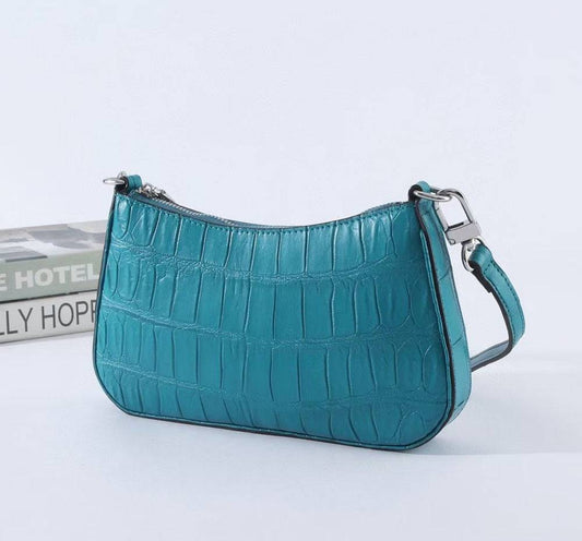 Crocodile Leather Underarm With Chain Shoulder Strap Bag Turquiose Blue