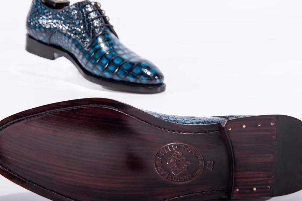 Crocodile Shoes Goodyear Welted Handmade Men Crocodile Leather Lace-Up Shoes, Giày tây nam da cá sấu xanh teal, buộc dây