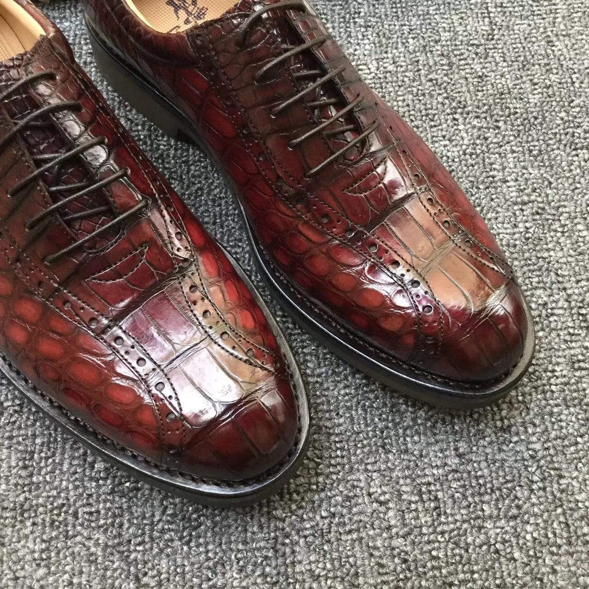 Crocodile Shoes Men s Crocodile Leather Hand-Painted Lace-Up Shoes ,Goodyear Welted Brogue Shoes