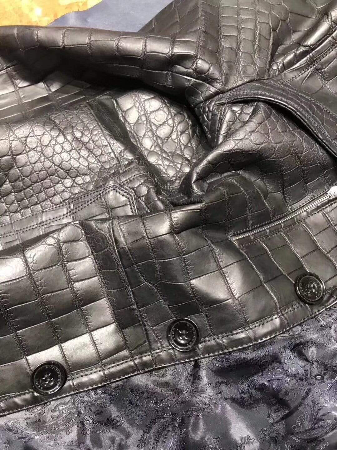 Exotic Crocodile Skin Black Long Windbreaker With Zip for Men