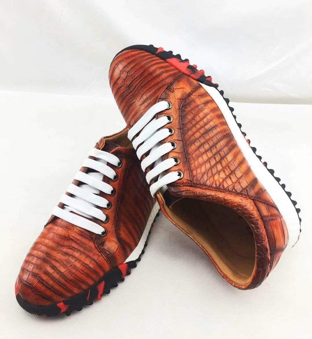 Crocodile Shoes Fashion Men's Low-Top Casual Sneakers In Orange Crocodile Leather