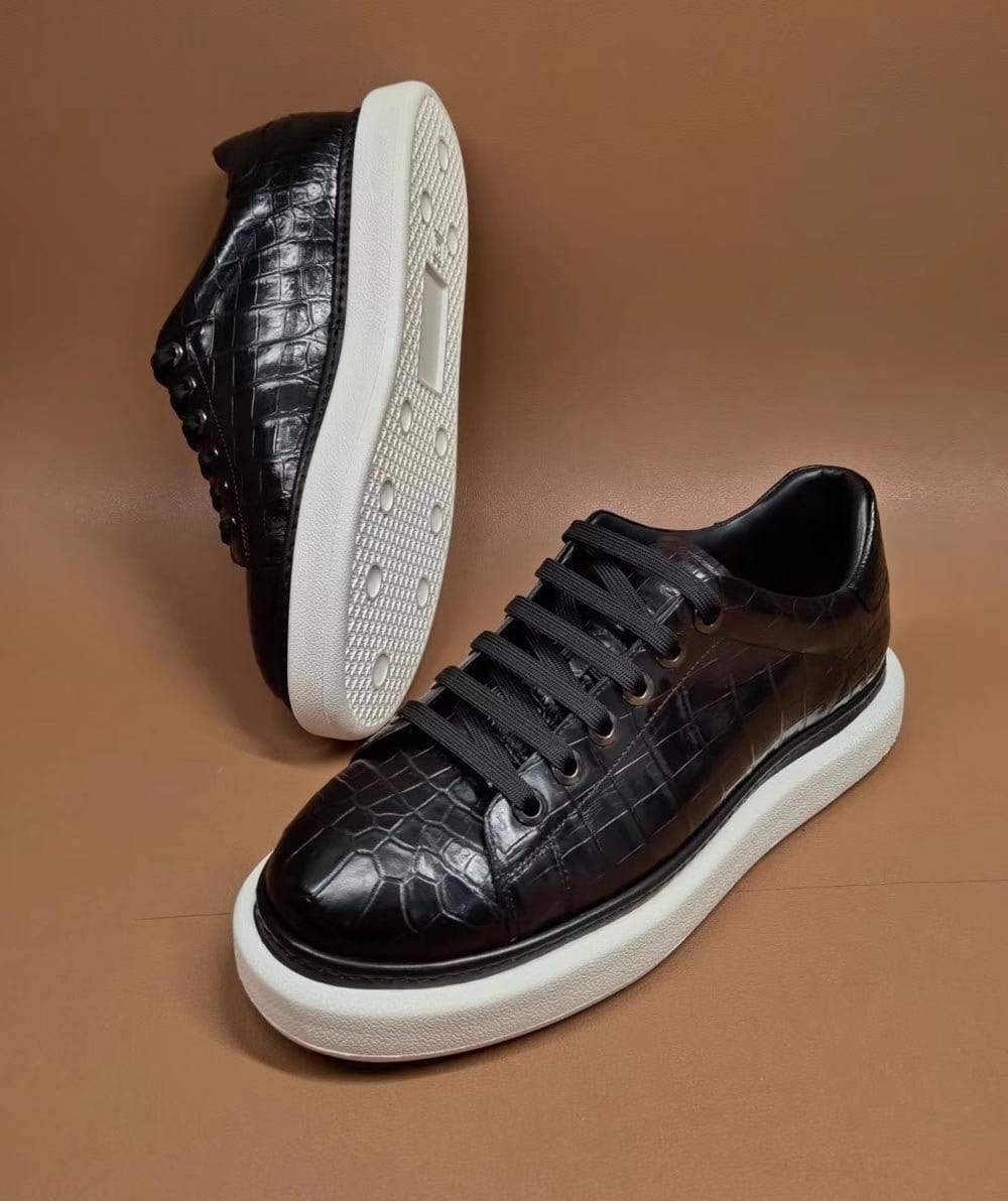 Crocodile Shoes Fashion Men's Sidework Casual Low-top Slip On Sneakers In Black Crocodile Leather