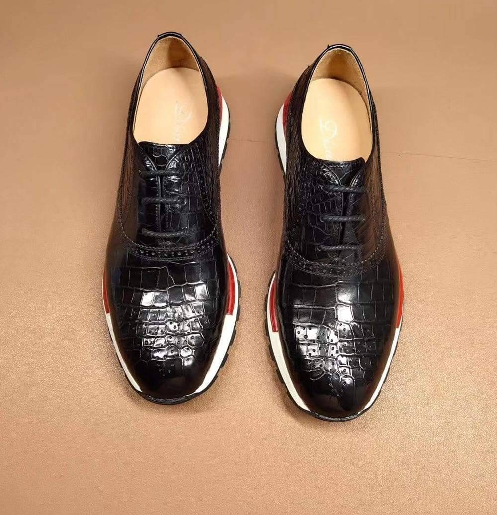 Crocodile Shoes Fashion Men's Sidework Low-Top Casual Sneakers In Black Crocodile Leather