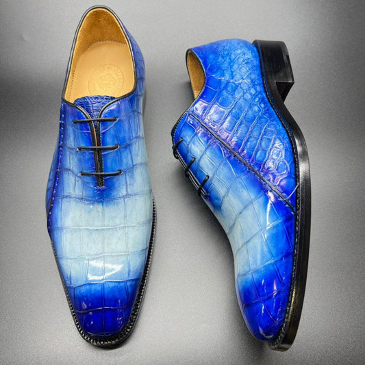 Crocodile Shoes Genuine Crocodile Leather Mens Penny Loafers Dress Shoes Hand Painted Two Tone Blue