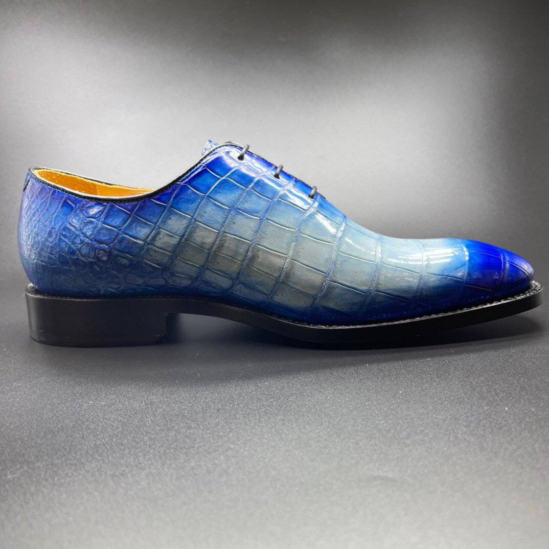 Crocodile Shoes Genuine Crocodile Leather Mens Penny Loafers Dress Shoes Hand Painted Two Tone Blue