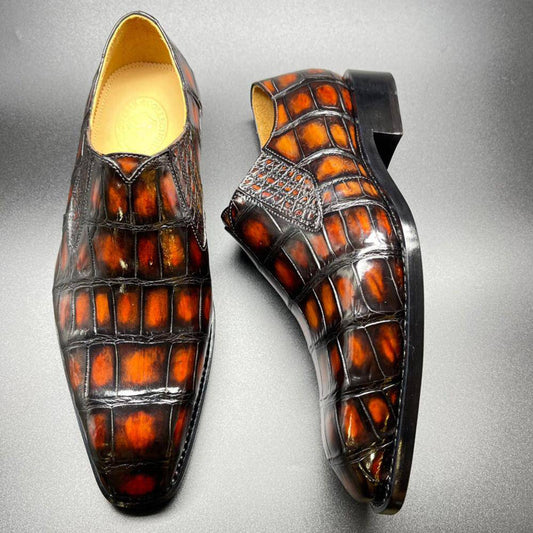 Crocodile Shoes Genuine Crocodile Leather Mens Penny Loafers Dress Shoes Hand Painted Vintage Brown