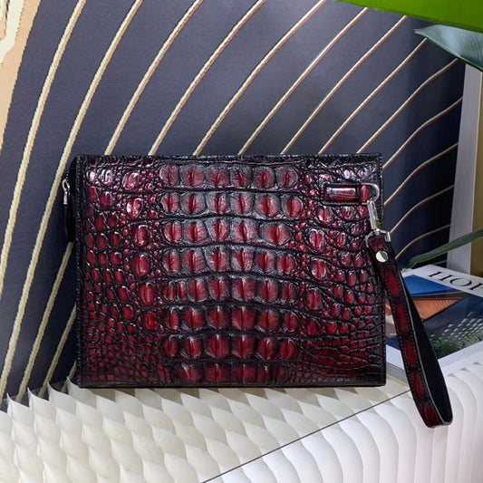 Genuine Crocodile Skin Bone Leather Wrist Handle Clutch Wallet Bag Vintage Red