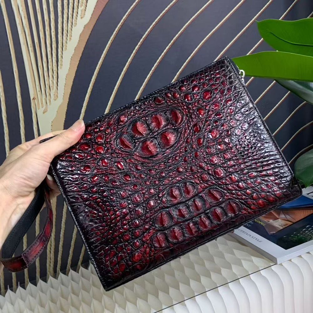 Genuine Crocodile Skin Bone Leather Wrist Handle Clutch Wallet Bag Vintage Red